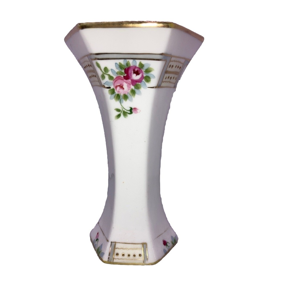 Vintage Hand Painted Porcelain Floral‎ Bud Vase Gold Gilt Moriage Hexagonal 6"